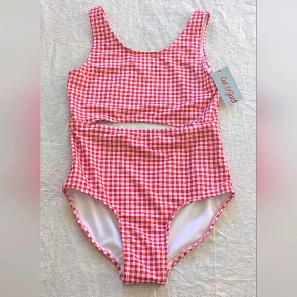 Girls Red Gingham Swimsuit - Picture 1 of 10